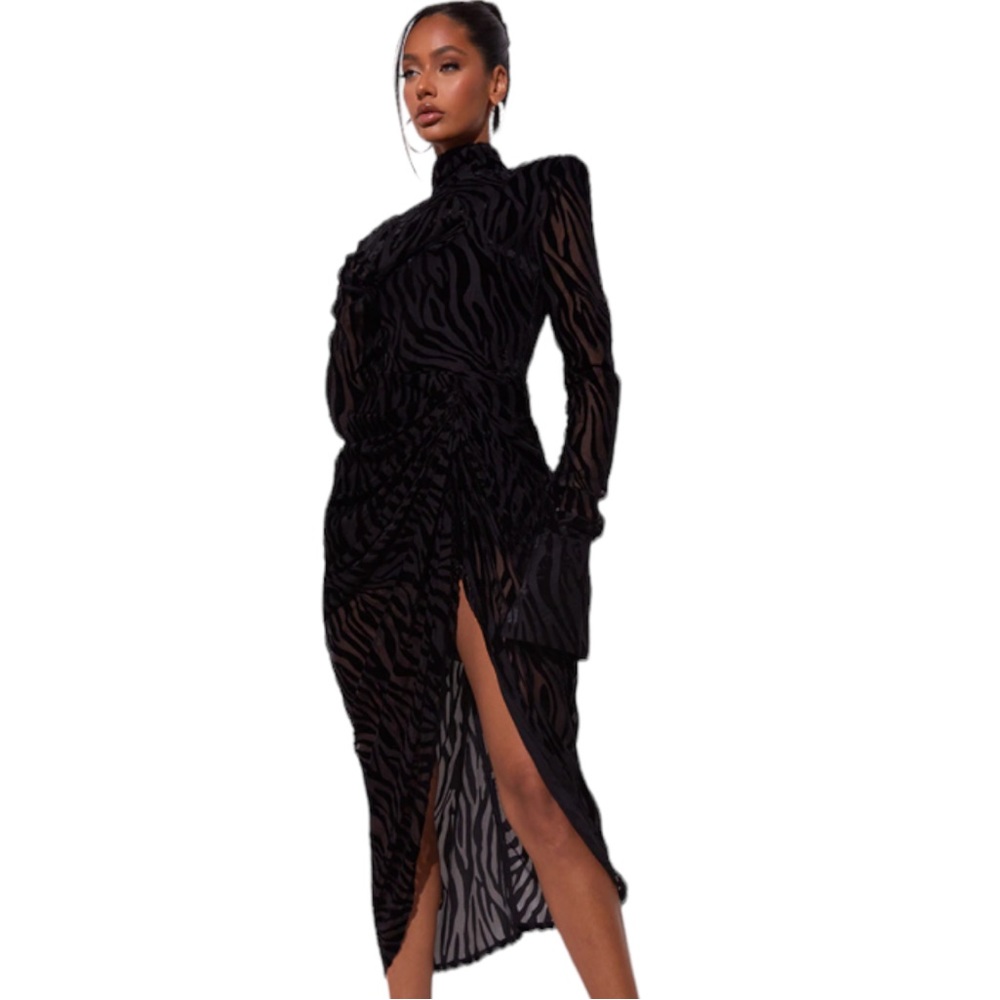 NWT PrettyLittleThing Black Zebra Devore High Neck Draped MIDI Dress Size 12